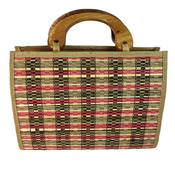 Mid Century Modern Handmade Purse Woven Straw Wood u Lined Wood Handle MCM u - Picture 5 of 11